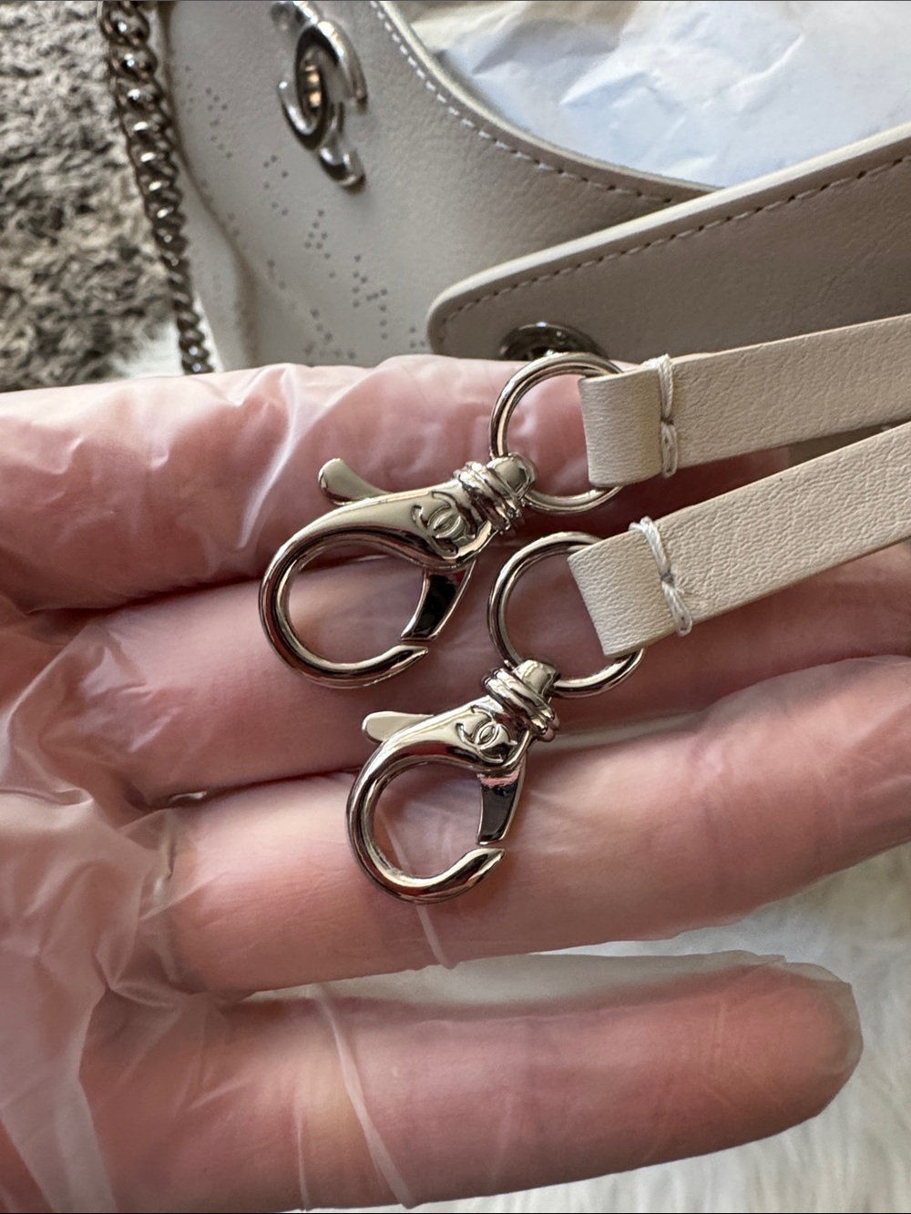 NWT CHANEL 2019 Beige Calfskin Perforated Logo Tote with Silver-Tone Hardware - Picture 6 of 17